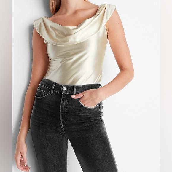 NWT Express Ivory Satin Off The Shoulder Thong Bodysuit - Picture 5 of 6